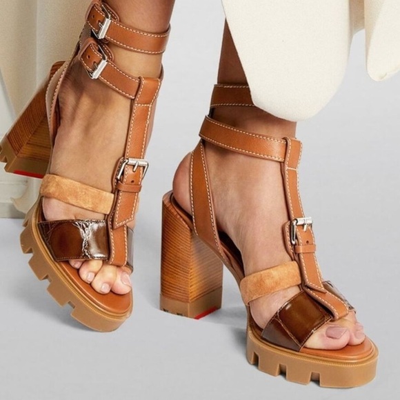 Christian Louboutin Shoes - Christian Louboutin Rangerissima 100 Mixed Leather Lug Sandals Brown